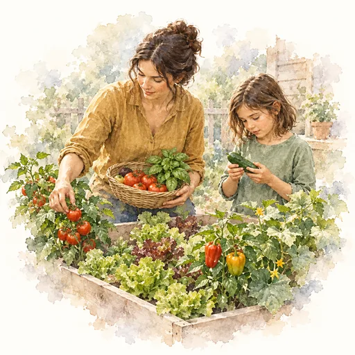 Gathering tomatoes and herbs