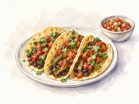 Bean and pepper tacos with tomato salsa and cilantro